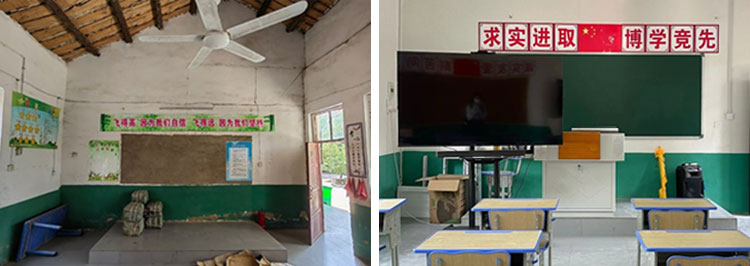 (图)装修前的教室(左);崭新的索尼“梦想教室”(右)